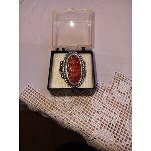 Vintage Carved Cinnabar Sterling Silver Oval ring size 7.5